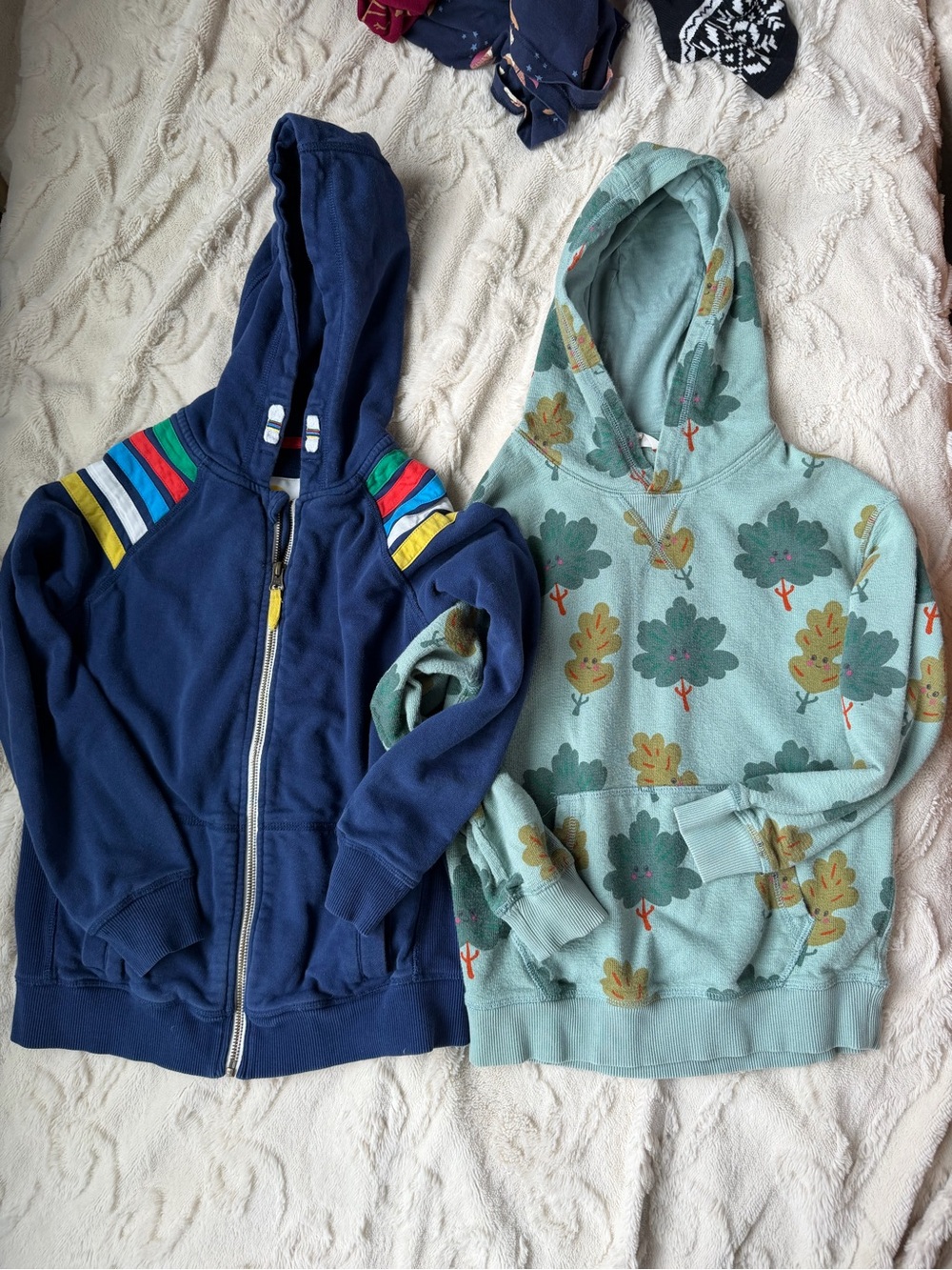 Boden Navy Zip Hoodie & Mint Tree-Print Pullover